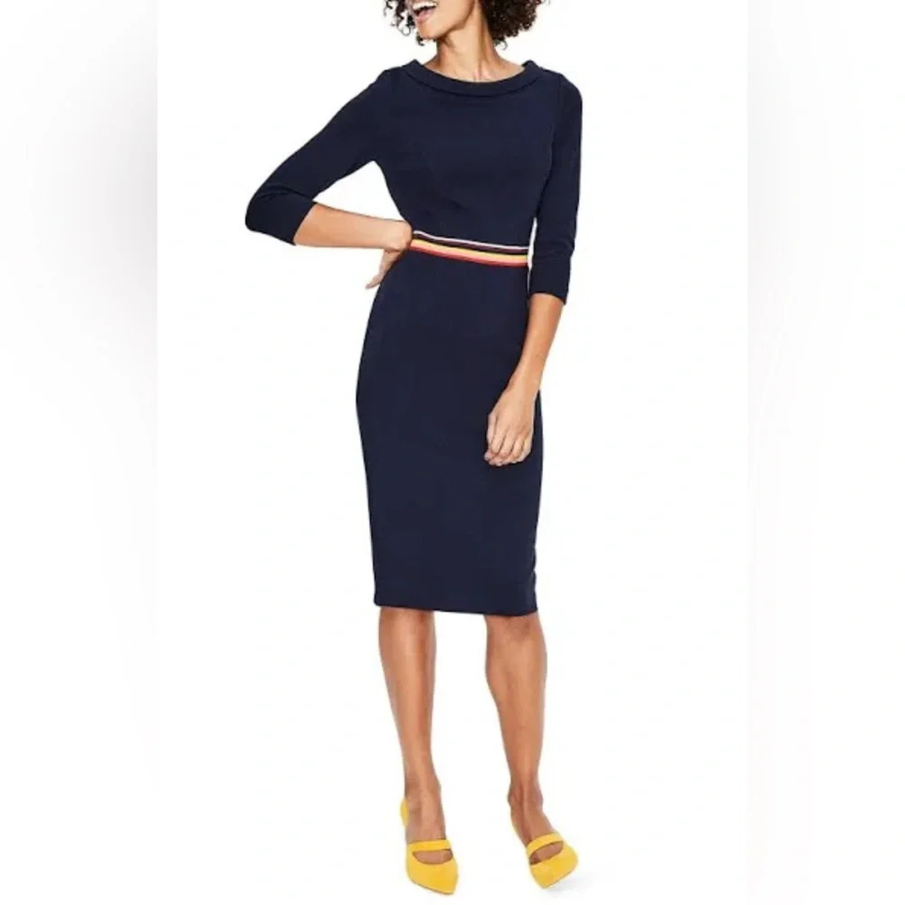 Boden Navy Ribbed Knit Midi Dress Women’s 14P Quarter Sleeve Colorful Waistband